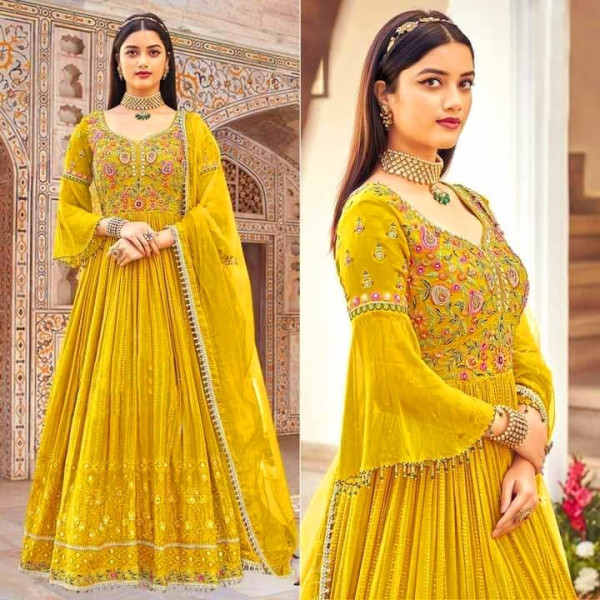 Georgette embroidery work Free Size Gwon party Dress suits For women GN0101-YELLOW 466897161_BD-22467144li